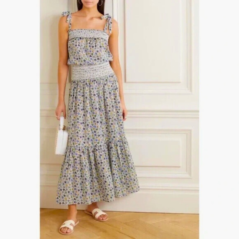 New Tory Burch Smocked Blue Floral Tie Shoulder Maxi Resort Beach Sun Dress M